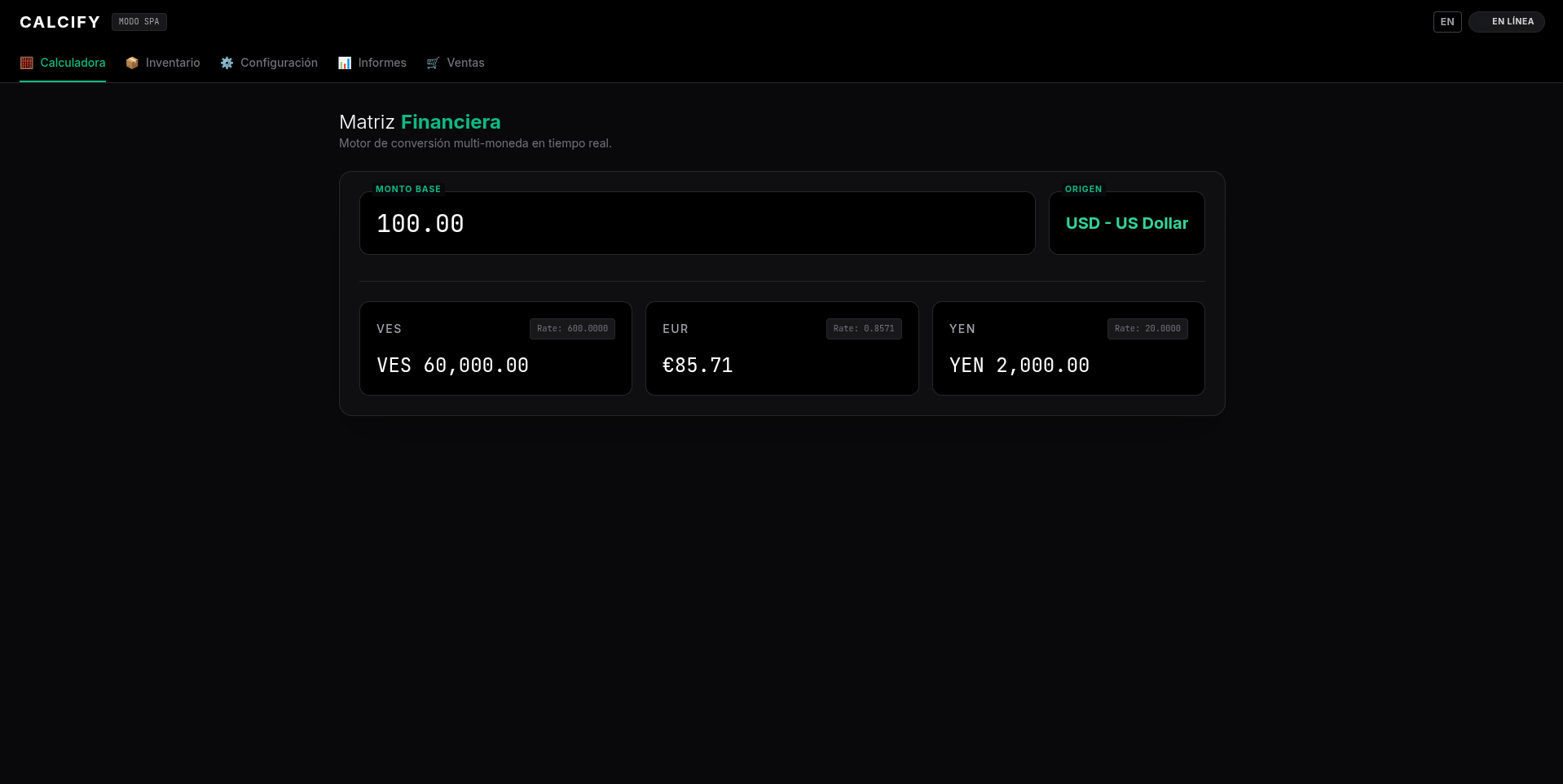 Panel de configuración de divisas Calcify